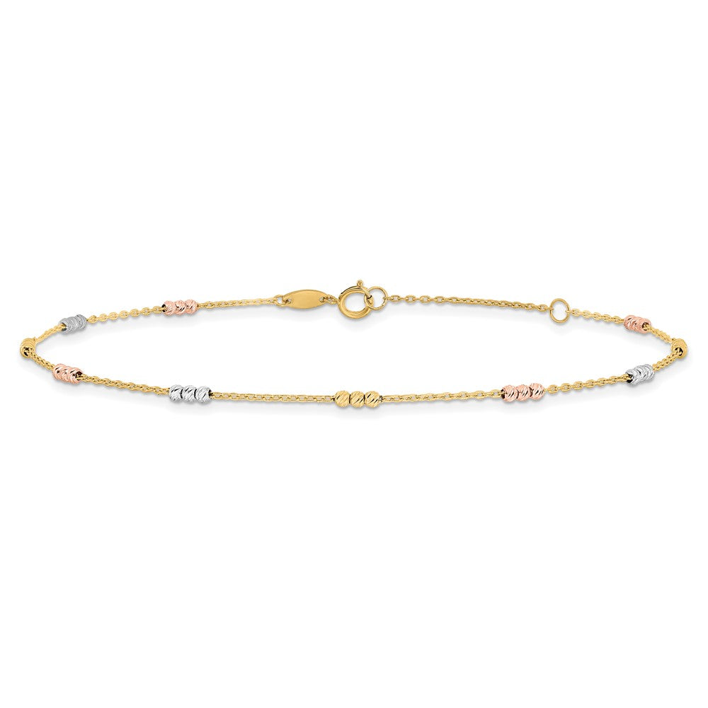 10K Tri-color Polished with D/C Bead 9in Plus 1in. ext. Anklet