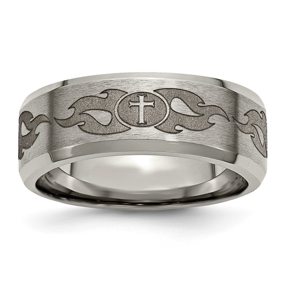 Titanium Brushed & Polished Cross Laser Design 8mm Beveled Edge Band Size - 11