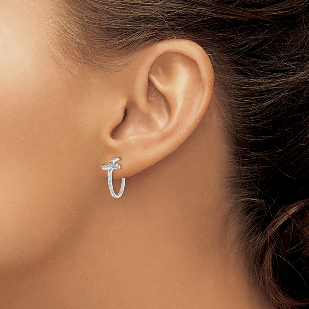 Sterling Silver Rhodium-plated CZ Cross Hoop Earrings