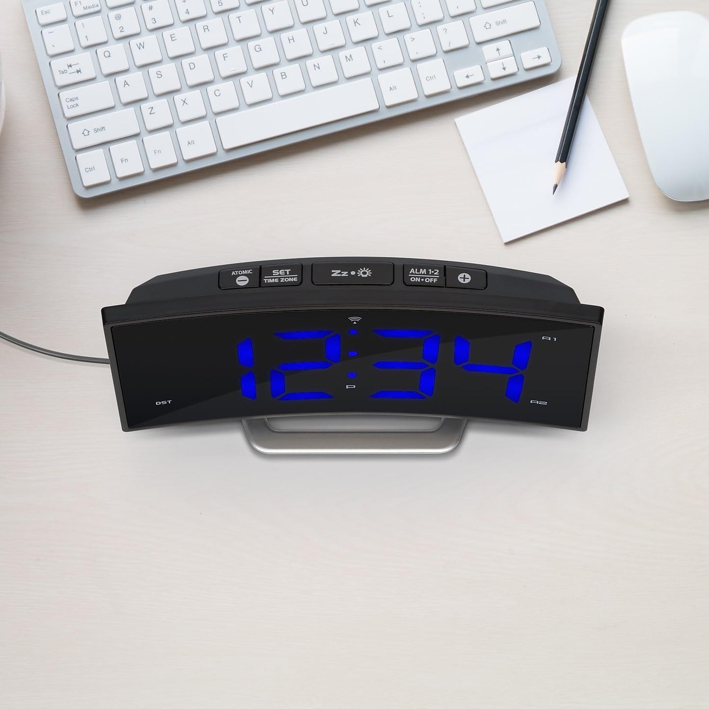La Crosse Technology 1.8 inch Corded Electric Curved Blue LED Atomic Dual Alarm Clock, 617-249