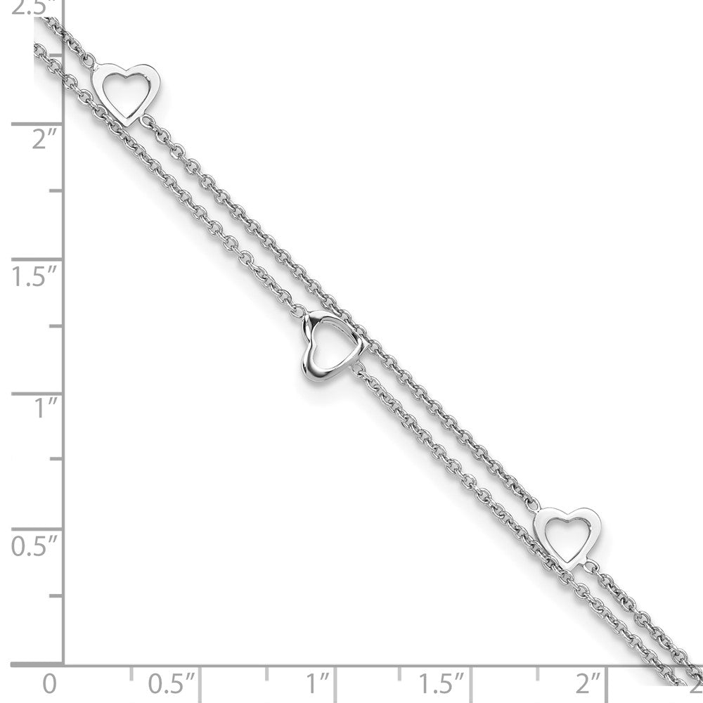 Sterling Silver Rhodium-plated 2-Strand 9 in Plus 1in ext. Heart Anklet 9 inches