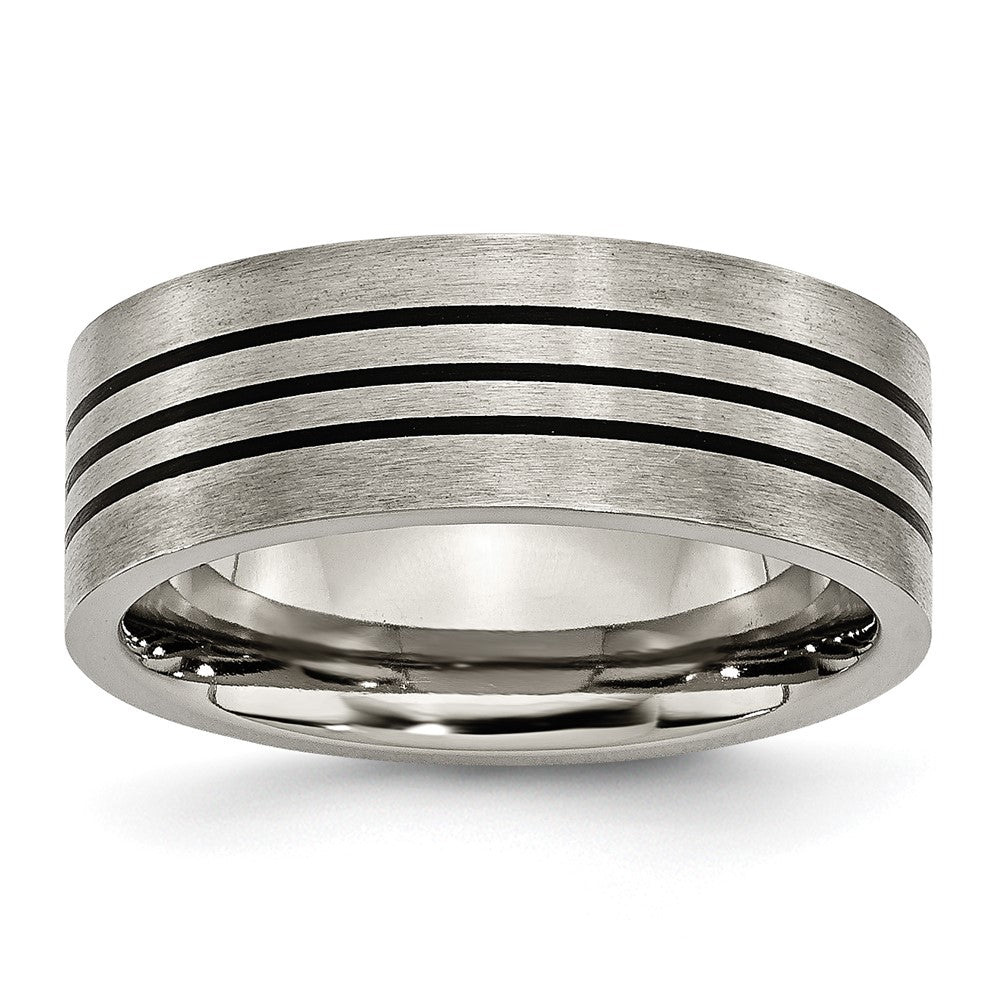 Titanium Satin and Polished Black Enamel Striped 8mm Flat Band Size - 8.5