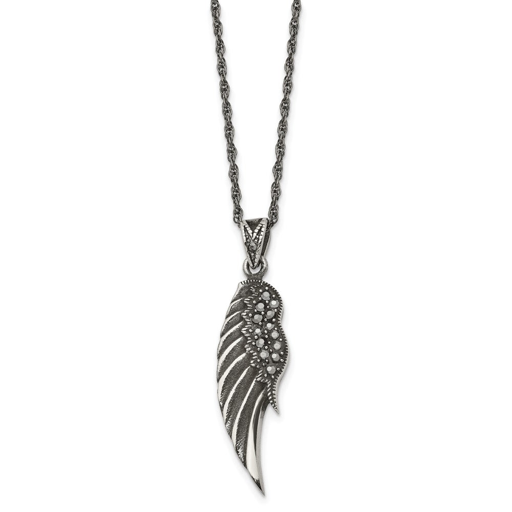 Stainless Steel Antiqued and Polished w/Marcasite Wing 20in Necklace