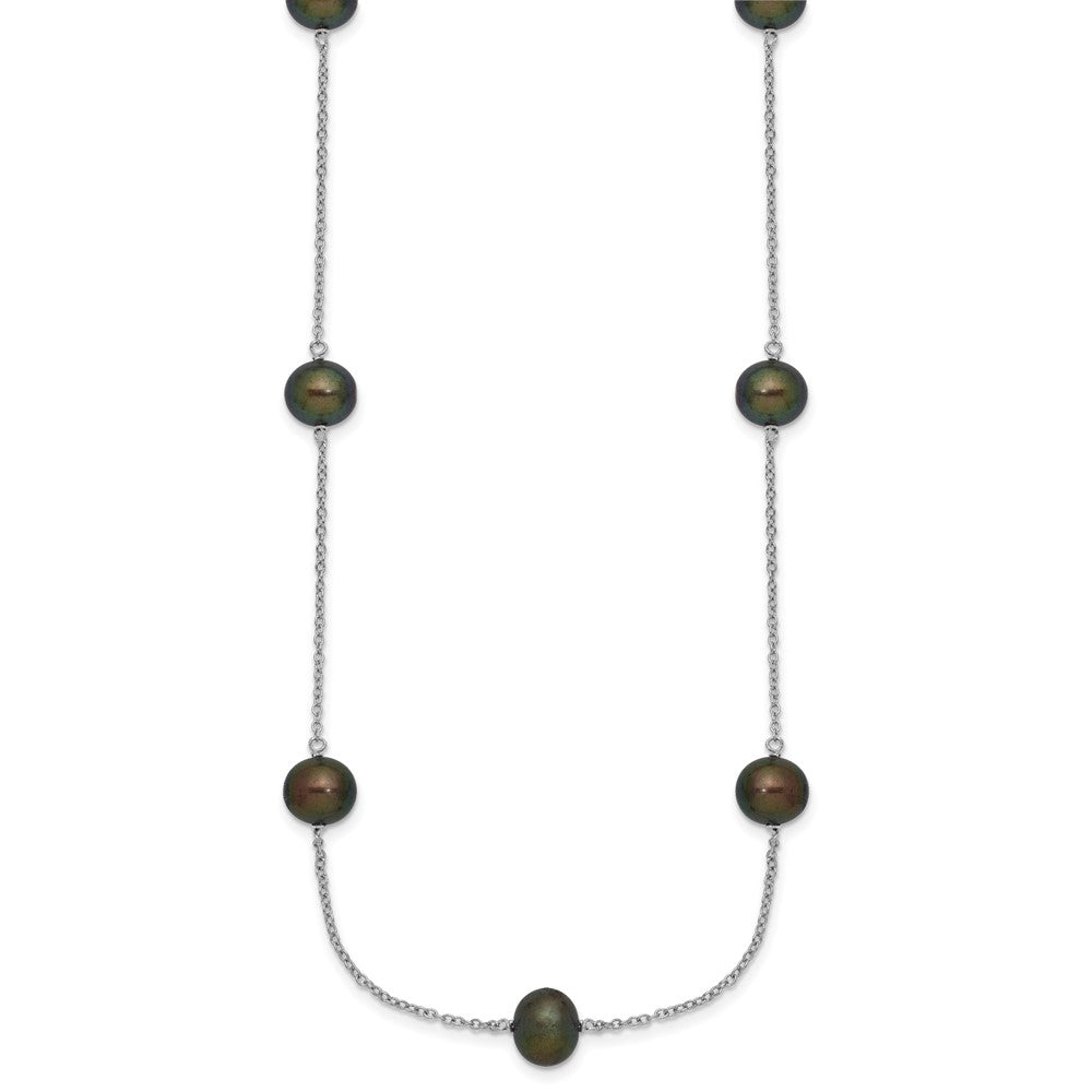 Sterling Silver Rhodium-plated 7-8mm Black Semi-Round Freshwater Cultured Pearl 9-Station 18 inch Necklace 18 Inches