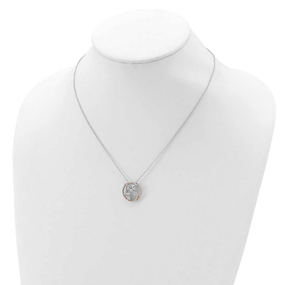 Cheryl M Sterling Silver Rhodium-plated and Rose Gold-plated Brilliant-cut CZ Owls Circle 18.25 Inch Necklace 18.25 Inches