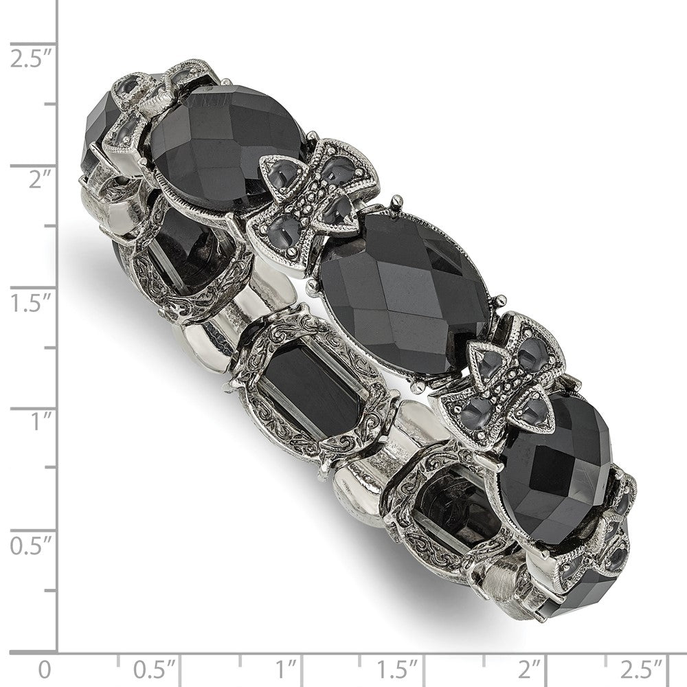 1928 Jewelry Silver-tone Frame Black Enamel and Black Faceted Crystal Stretch Bracelet