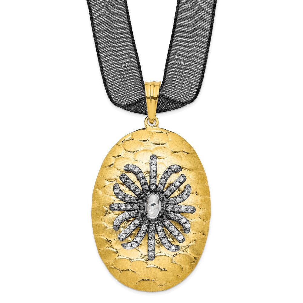 Sterling Silver Gold-tone CZ Pendant with Black Sheer Ribbon Necklace