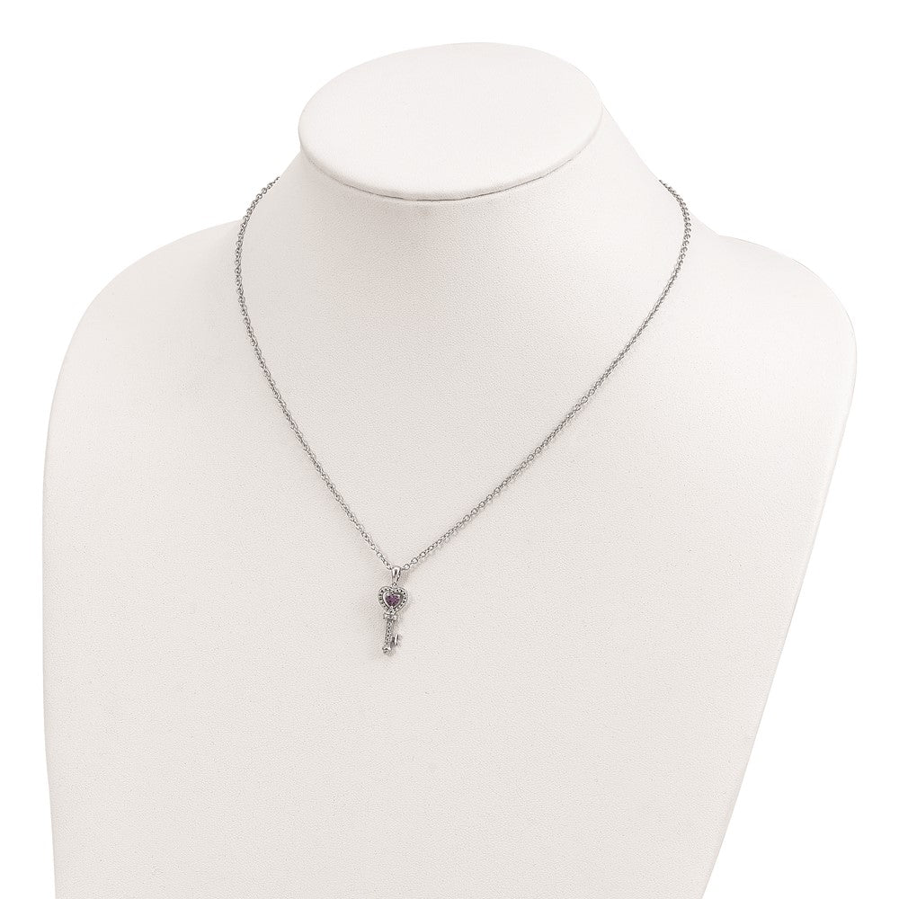 Brilliant Gemstones Sterling Silver with 14K Accent Rhodium-plated Amethyst and Diamond Key 18 Inch Necklace with 2 Inch Extender 17 Inches