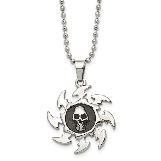 Stainless Steel Antiqued and Polished Saw Blade w/ Skull 24in Necklace