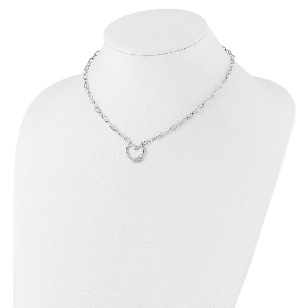 Sterling Silver RH-plated CZ Heart Paperclip Link 16in w/2in ext Necklace 16 Inches