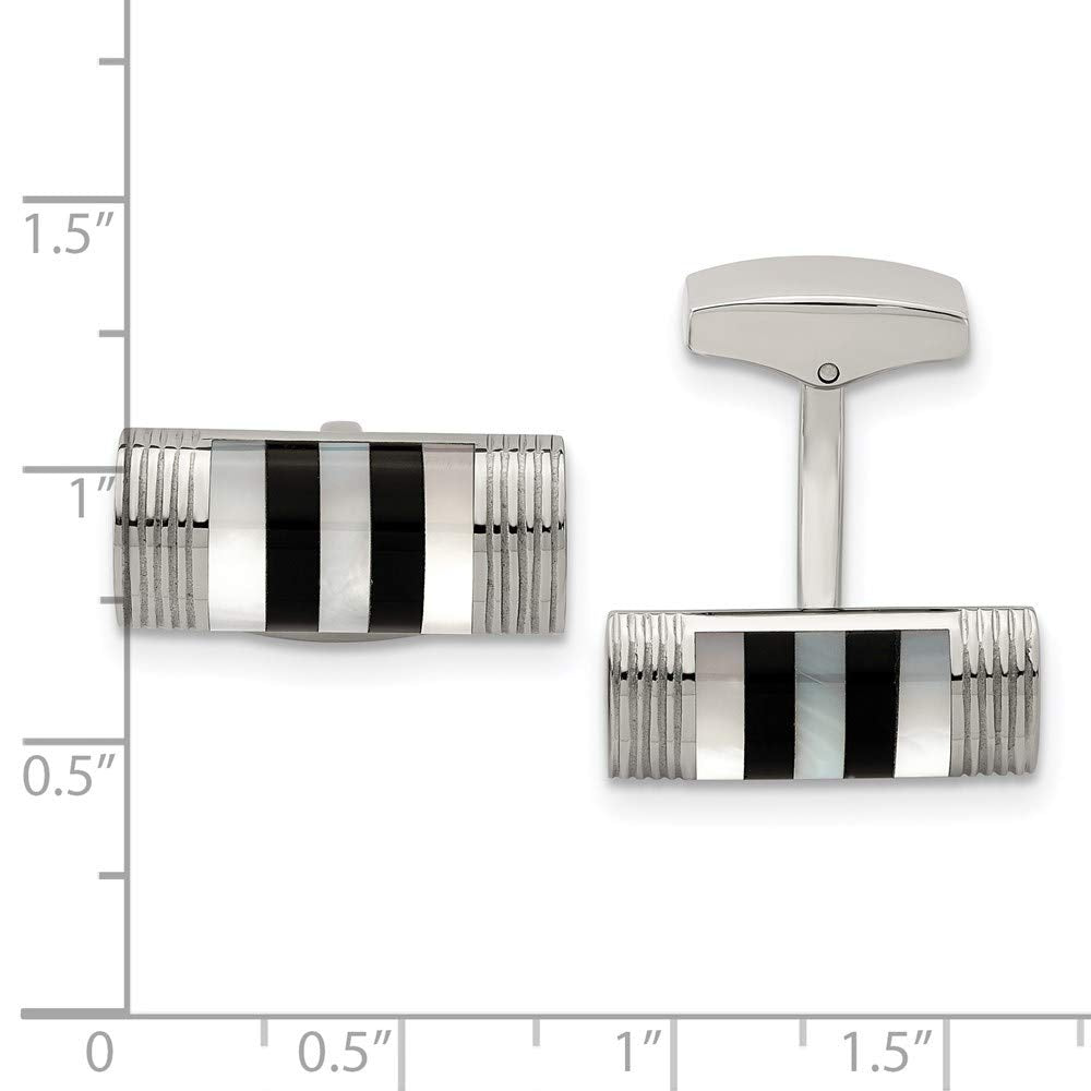 Stainless Steel Polished Mother of Pearl And Onyx Cuff Links