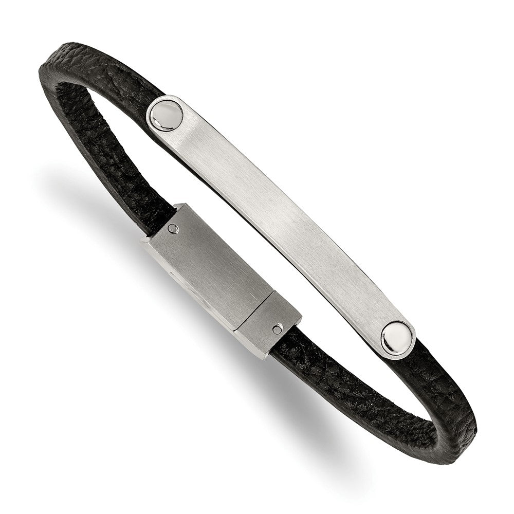 Stainless Steel Brushed Black Leather 8.25in ID Bracelet 8.25 inches