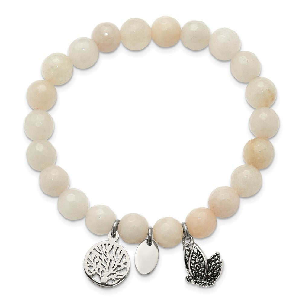 Stainless Steel Antiqued & Polished Butterfly White Jade Stretch Bracelet 6.25 inches