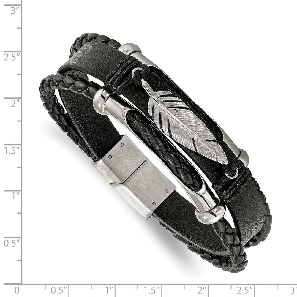 Stainless Steel Polished Feather Black Leather Multi-Strand 8.25in Bracelet 8.25 inches