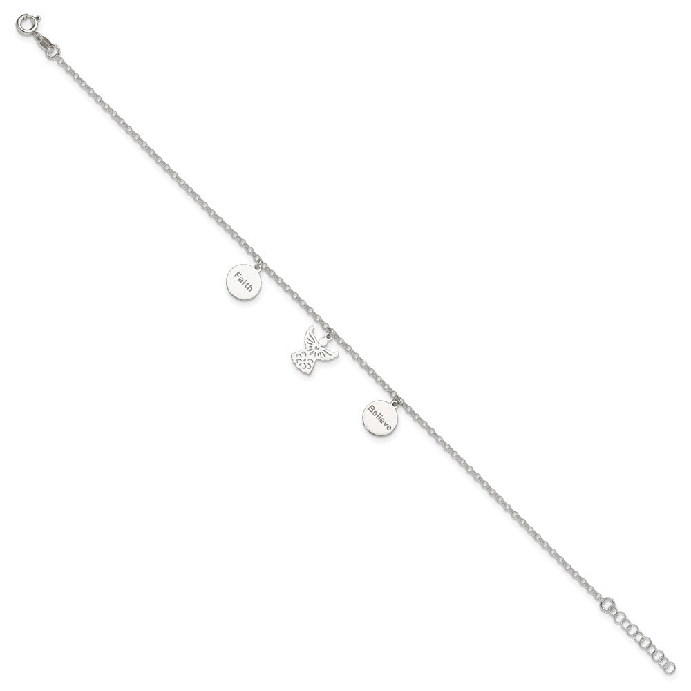 Sterling Silver Faith, Believe and Angel Dangles 9in Plus 1in Ext. Anklet 9 inches
