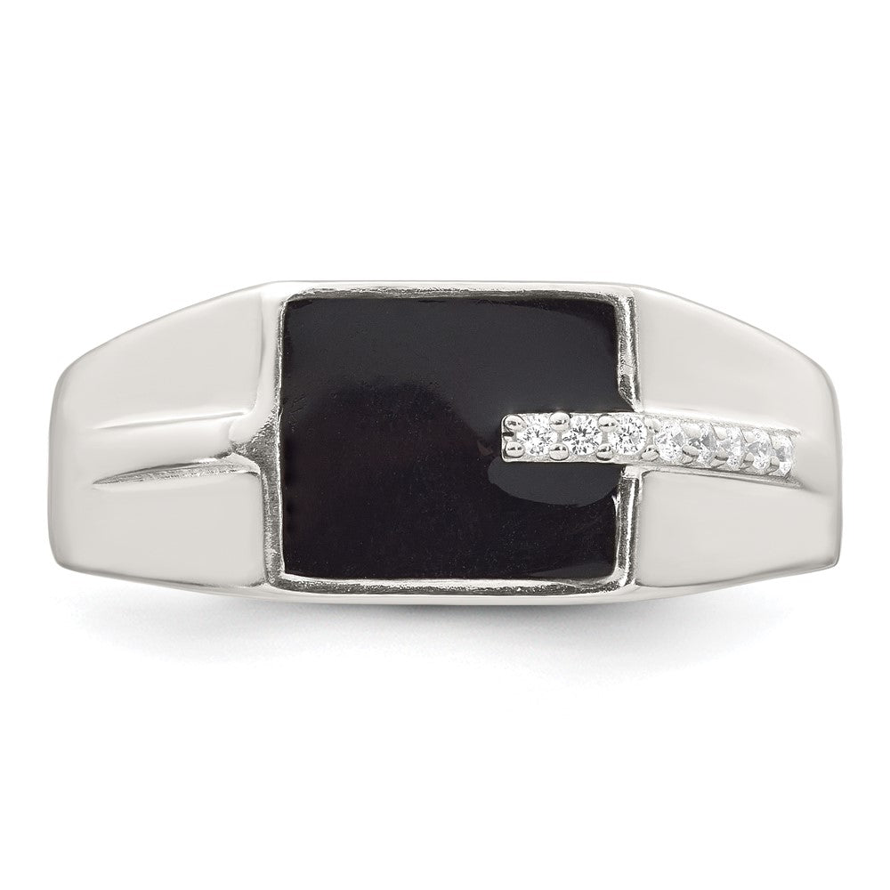 Sterling Silver Polished Black Enameled and White CZ Size 10 Mens Signet Ring