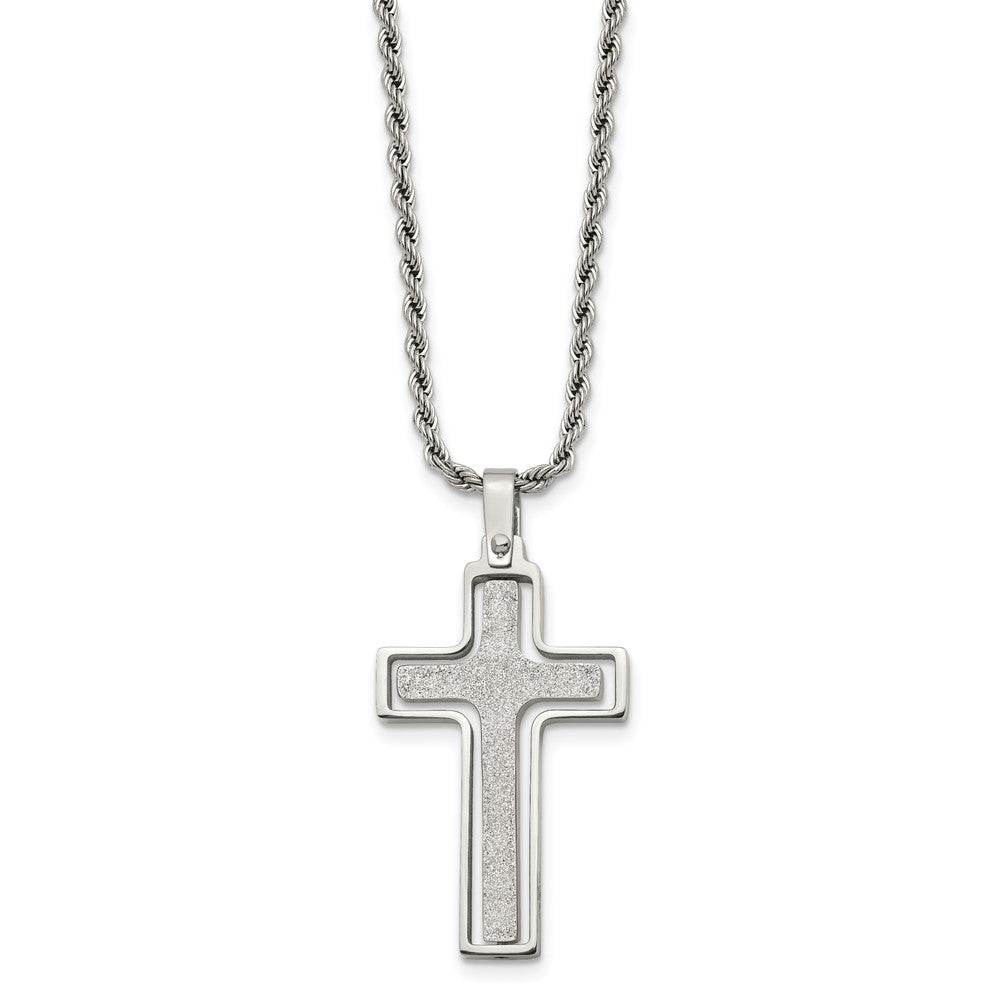 Stainless Steel Polished & Laser Cut Cross 22in Necklace