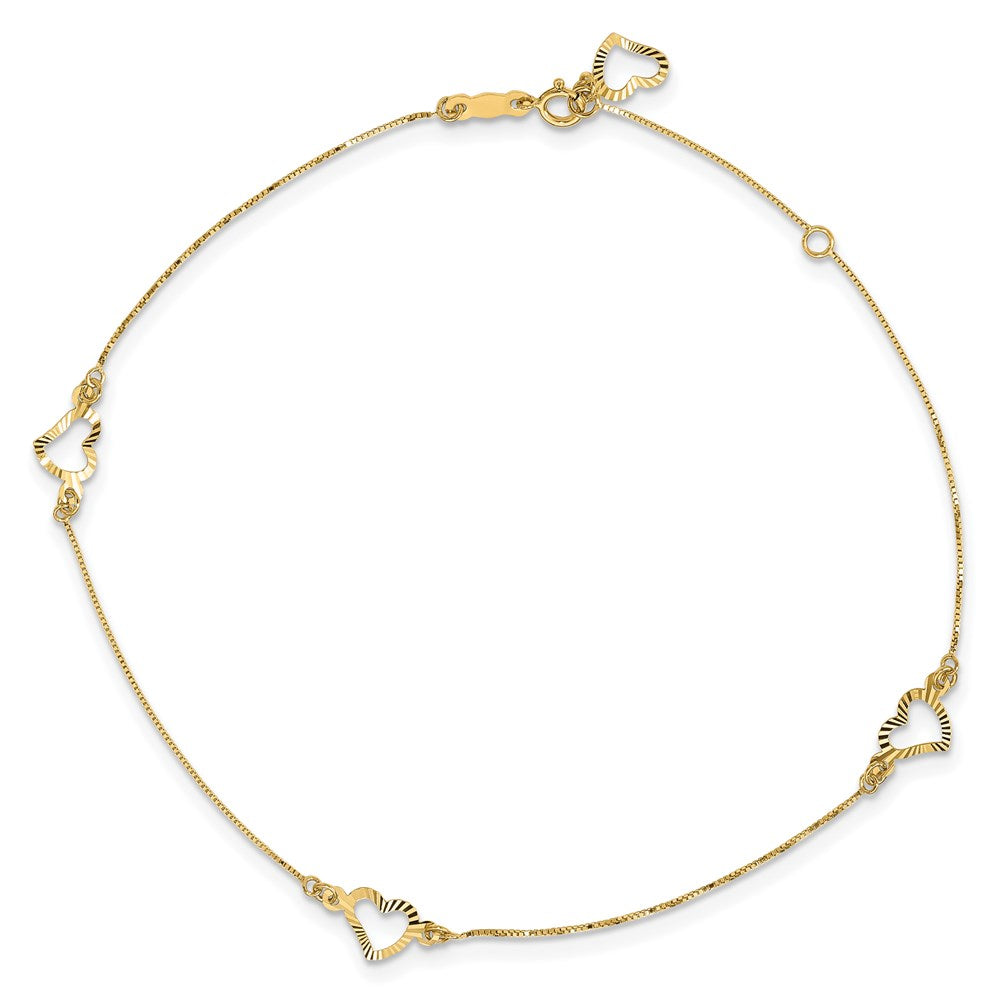 14k Adjustable Heart 9in Plus 1in ext Anklet 9 inches