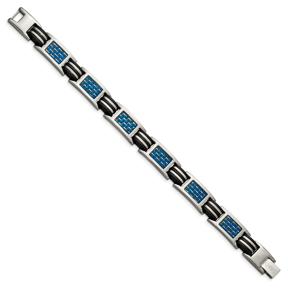 Titanium Polished w/Blue Carbon Fiber Inlay & Rubber 8.5in Bracelet 8.5 inches