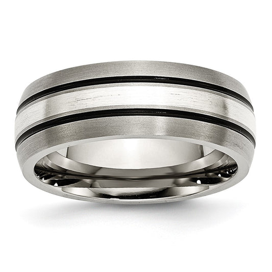 Titanium Antiqued/Brushed w/Sterling Silver Inlay 8mm Grooved Band Size - 8
