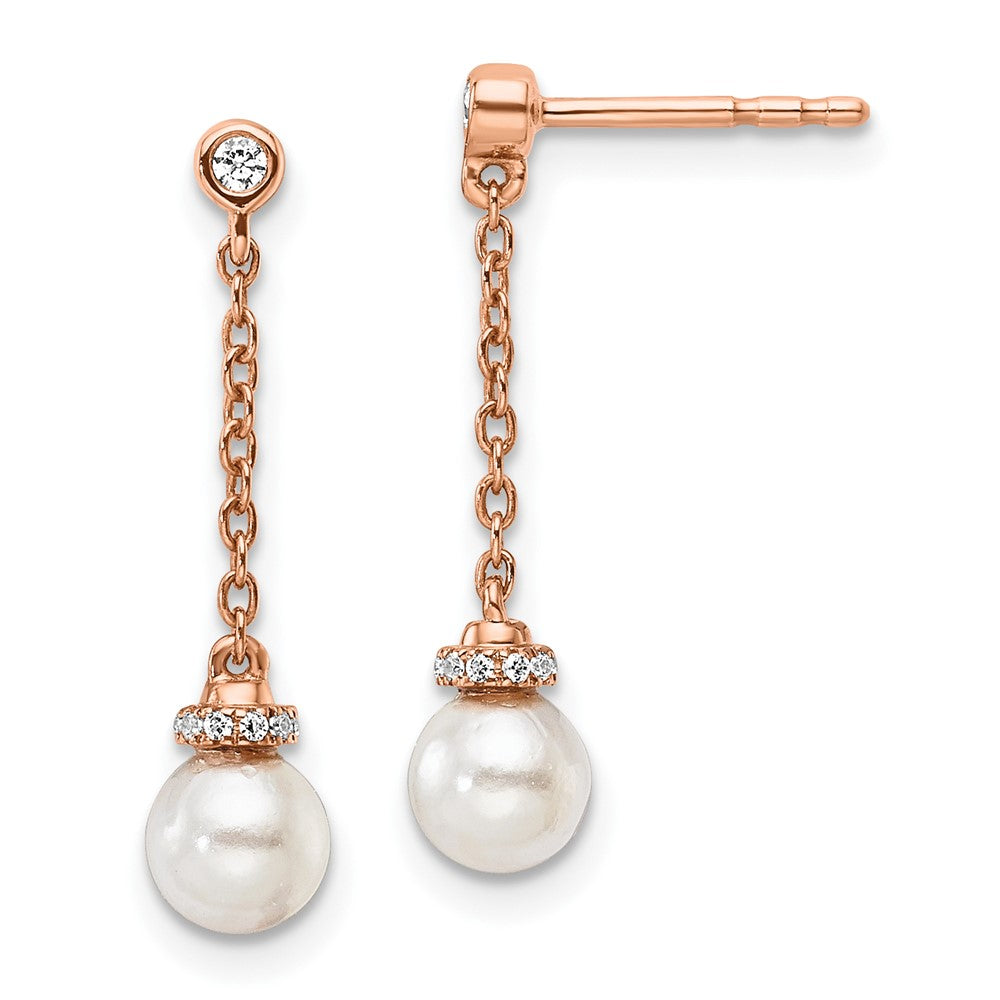 14K Rose Gold Polished 1/10 Carat Diamond & White Freshwater Cultured Pearl Chain Dangle Post Earrings