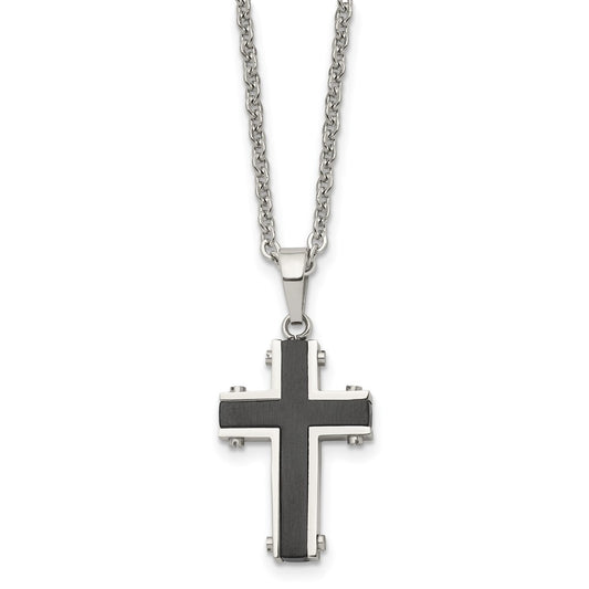 Stainless Steel Polished Black IP-plated Cross 22in Necklace