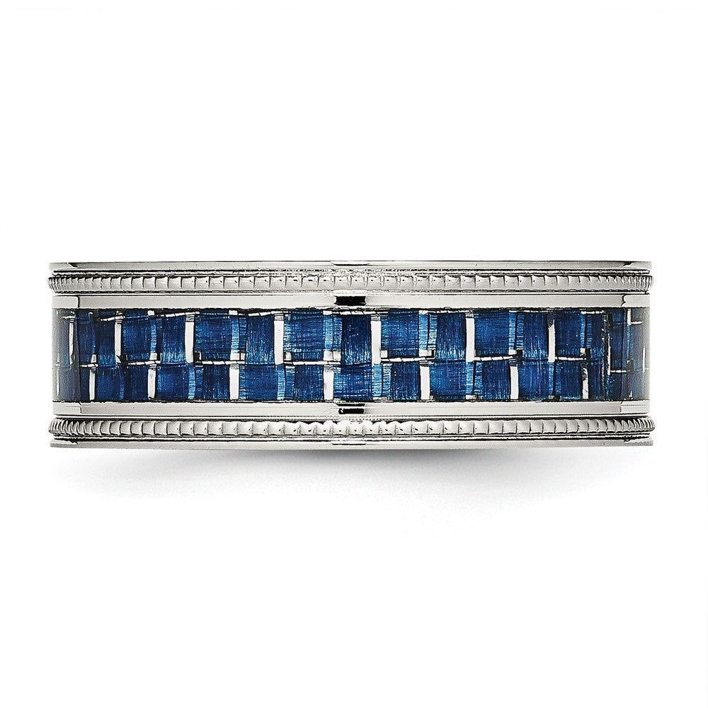 Stainless Steel Polished Blue Carbon Fiber Inlay Textured Edge 8mm Band Size - 12