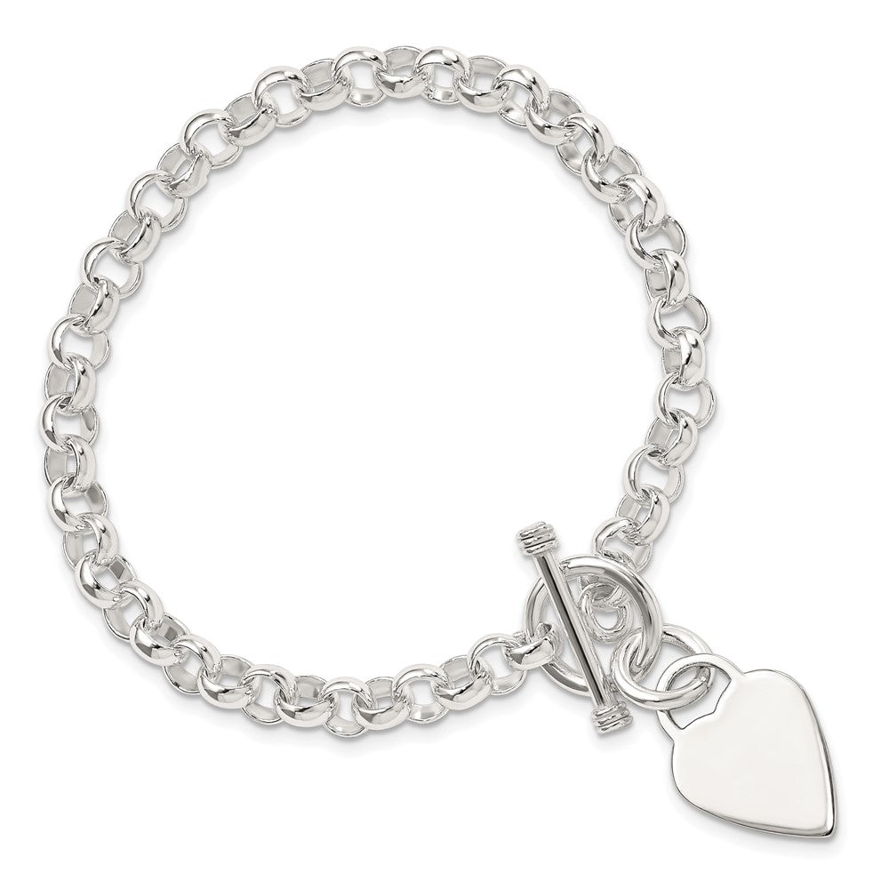 Sterling Silver Engraveable Heart Disc on Fancy Link Toggle Bracelet 7.75 inches
