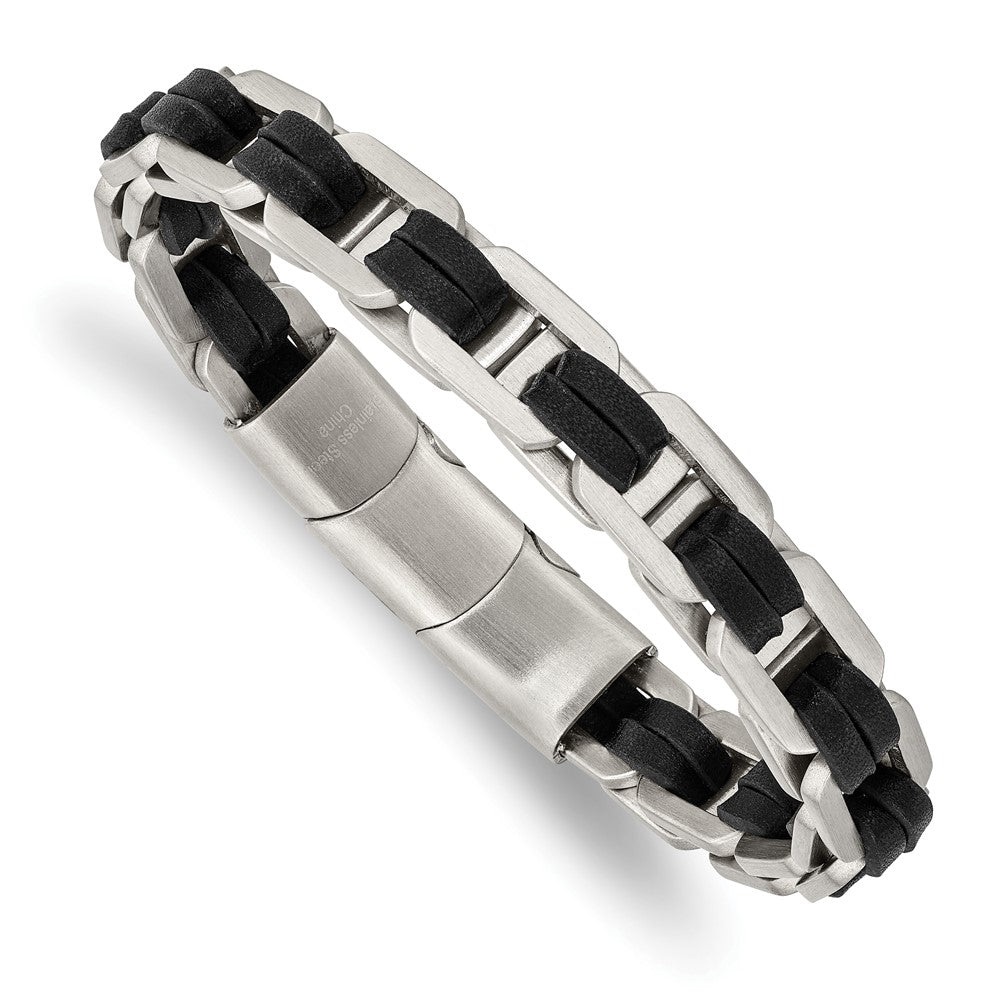 Stainless Steel Brushed with Black PU Leather 7.75in w/.5in ext Bracelet 7.25 inches