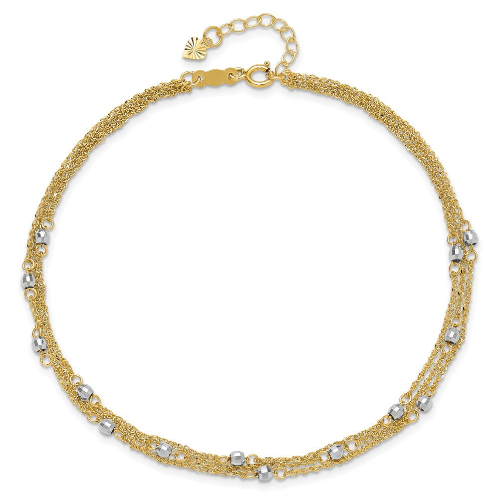 14k Two-tone Triple Strand 9in Plus 1in ext. Anklet 9 inches
