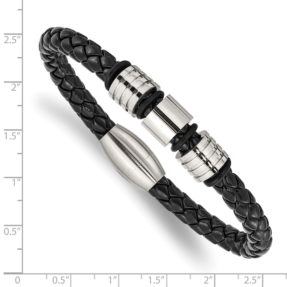 Stainless Steel Brushed and Polished Leather 8.5in Bracelet 8.5 inches