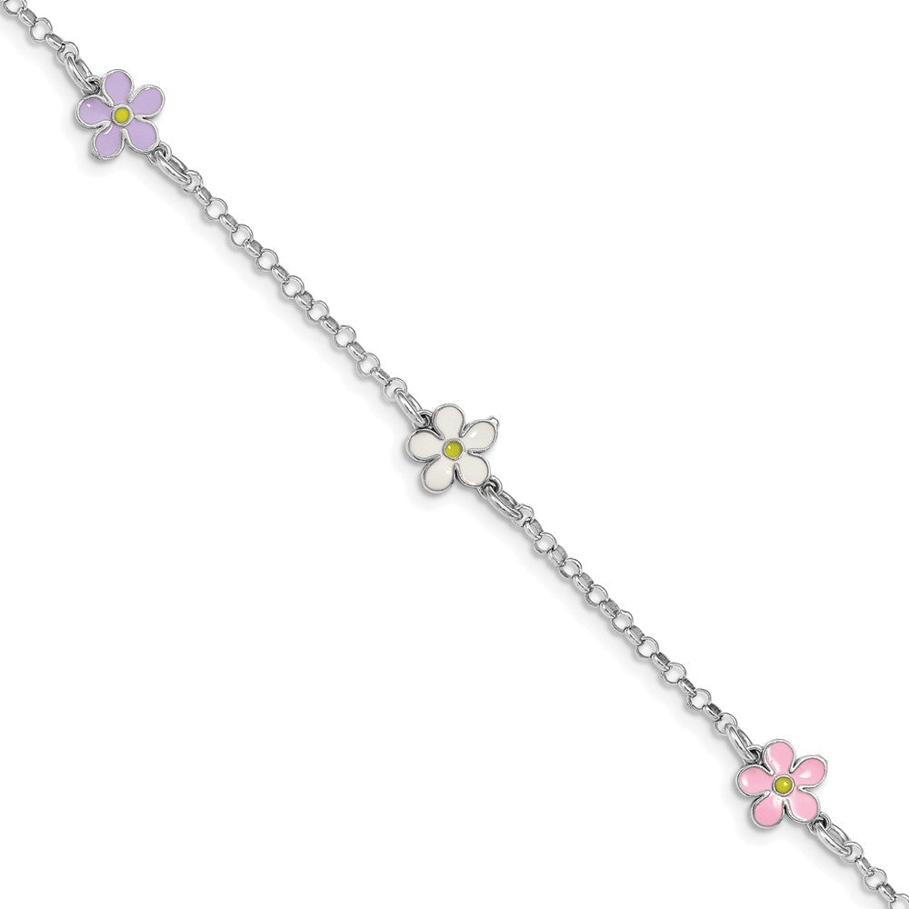 Sterling Silver RH-plated Enameled Flower w/ .75in Ext. Children's Bracelet 7 inches