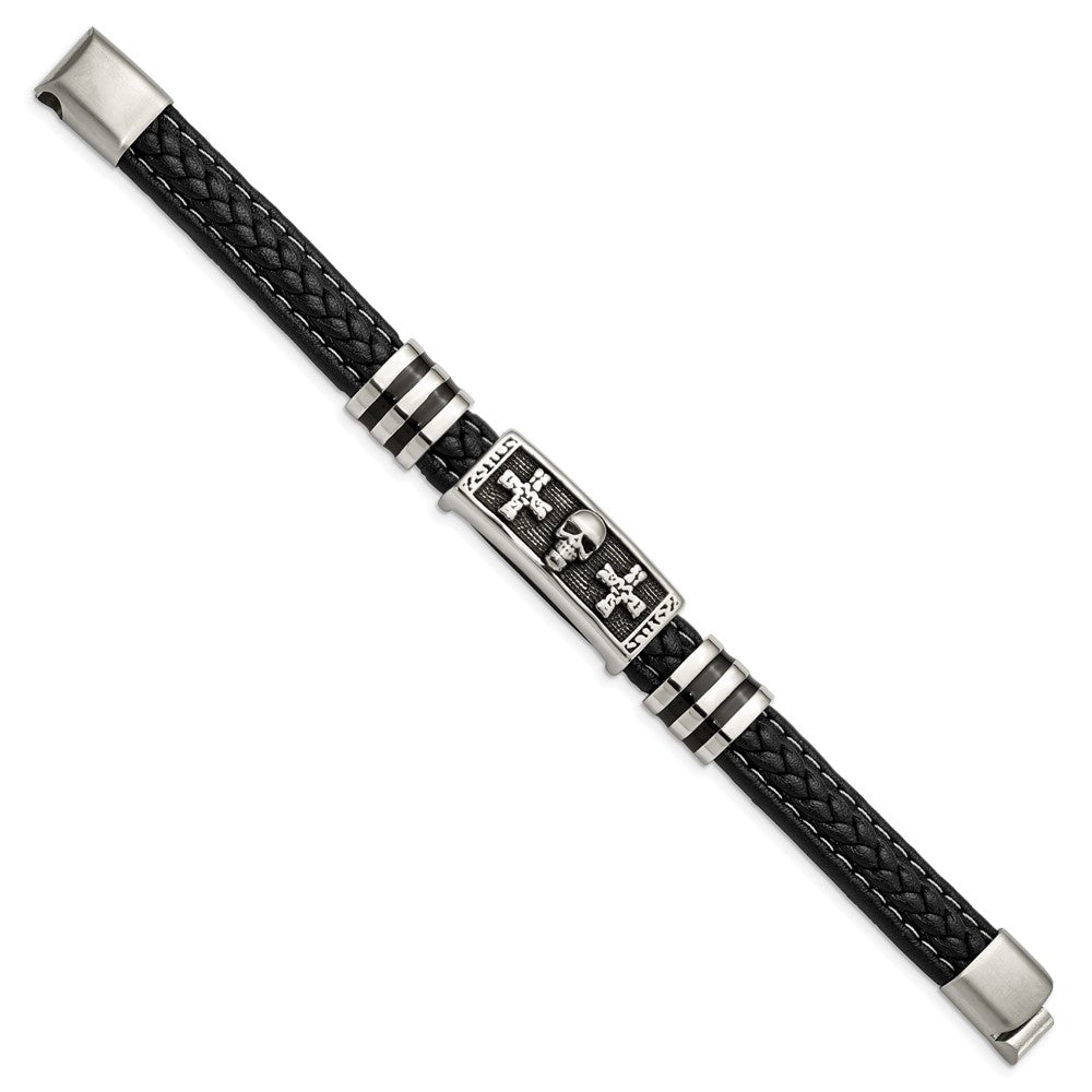 Stainless Steel Antiqued & Polished w/Enamel Skull Faux Leather Bracelet 8.5 inches