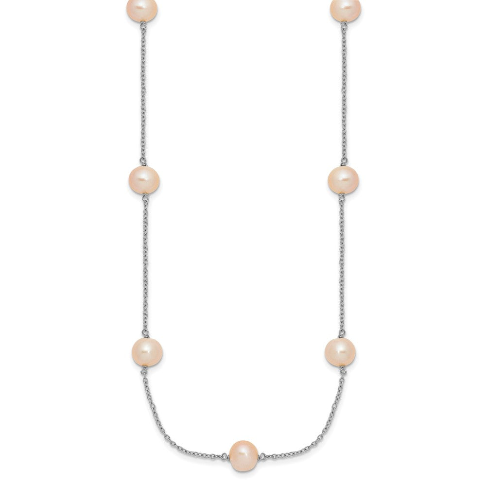 Sterling Silver Rhodium-plated 7-8mm Pink Semi-Round Freshwater Cultured Pearl 9-Station 18 inch Necklace 18 Inches