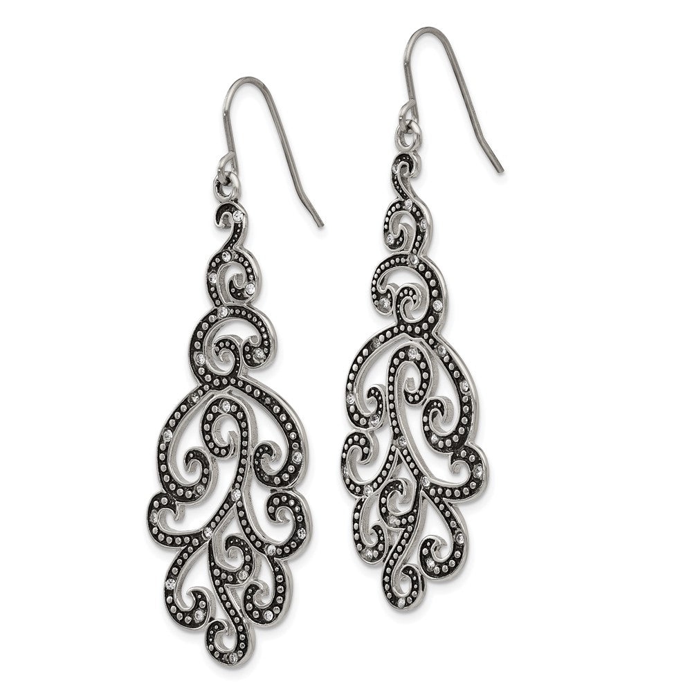 Stainless Steel Antiqued & Polished Crystal Shepherd Hook Earrings