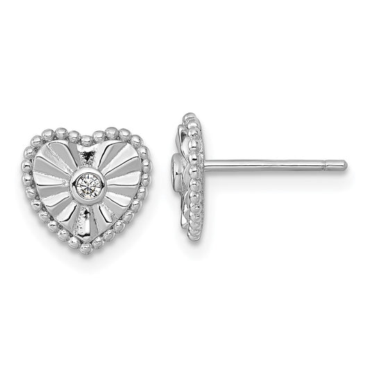 Sterling Silver Rhodium-plated Polished Beaded and Textured CZ Heart Post Earrings