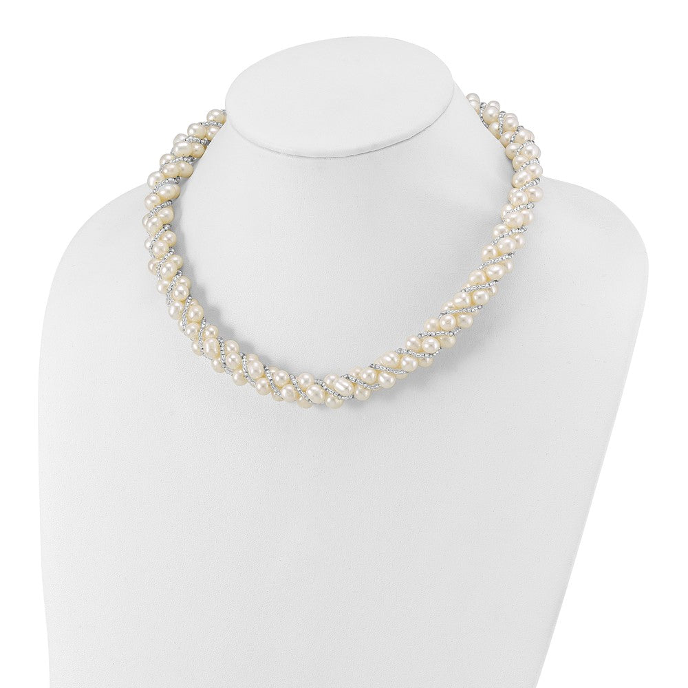Sterling Silver Rhodium-plated 6-7mm White Near-Round Pearl and Glass Beaded Twisted 18 inch Necklace 18 Inches