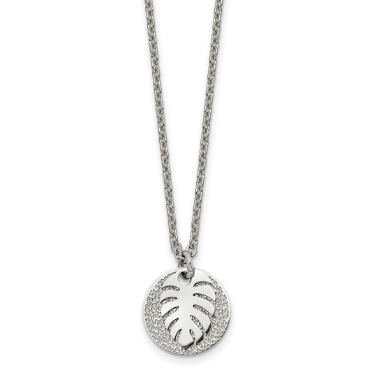 Stainless Steel Polished Textured Circle with Leaf 27.5in Necklace