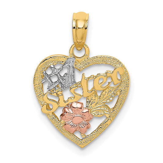 14k Two-tone White Rhodium #1 SISTER In Heart w/ Flowers Charm