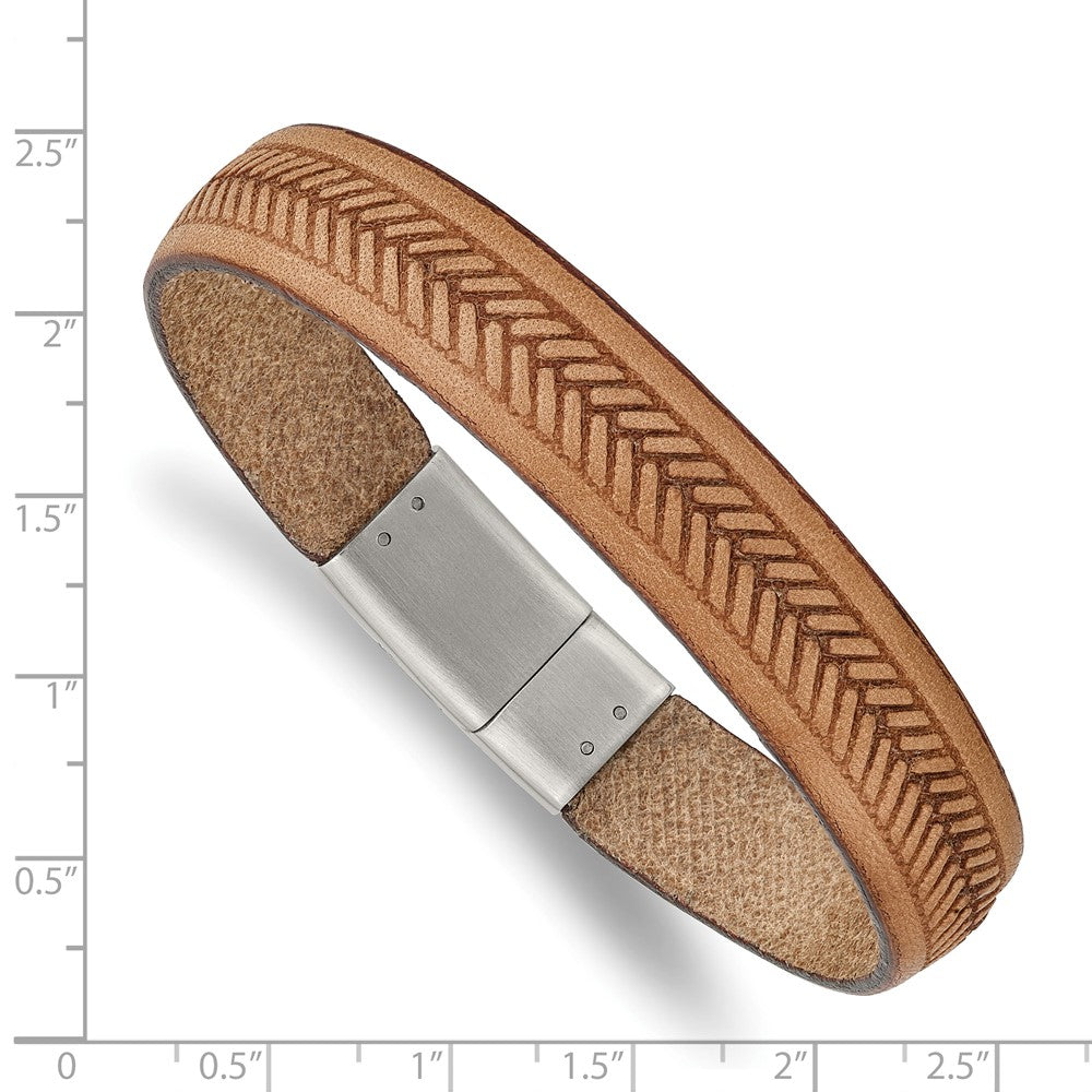 Stainless Steel Polished Tan Italian Leather 8.75in Bracelet 8.75 inches