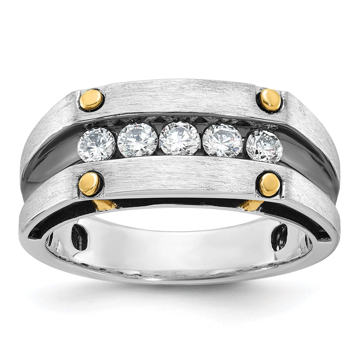 IBGoodman 14k Two-tone with Black Rhodium 1/2 carat Lab Grown Diamond VS/SI+ G+ Five Stone Complete Polished Satin and Grooved Men's Ring
