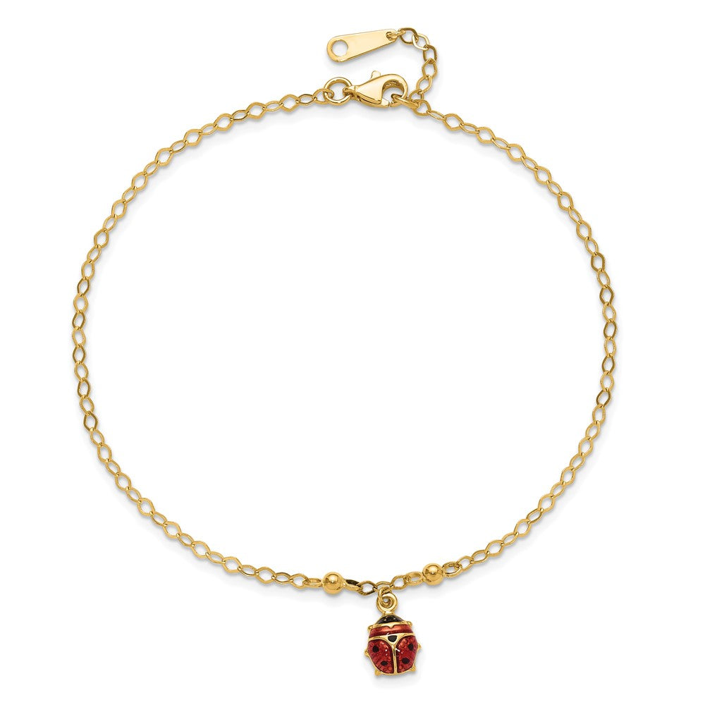 14K Adjustable Enameled Ladybug 9in Plus 1in ext. Anklet 10 inches