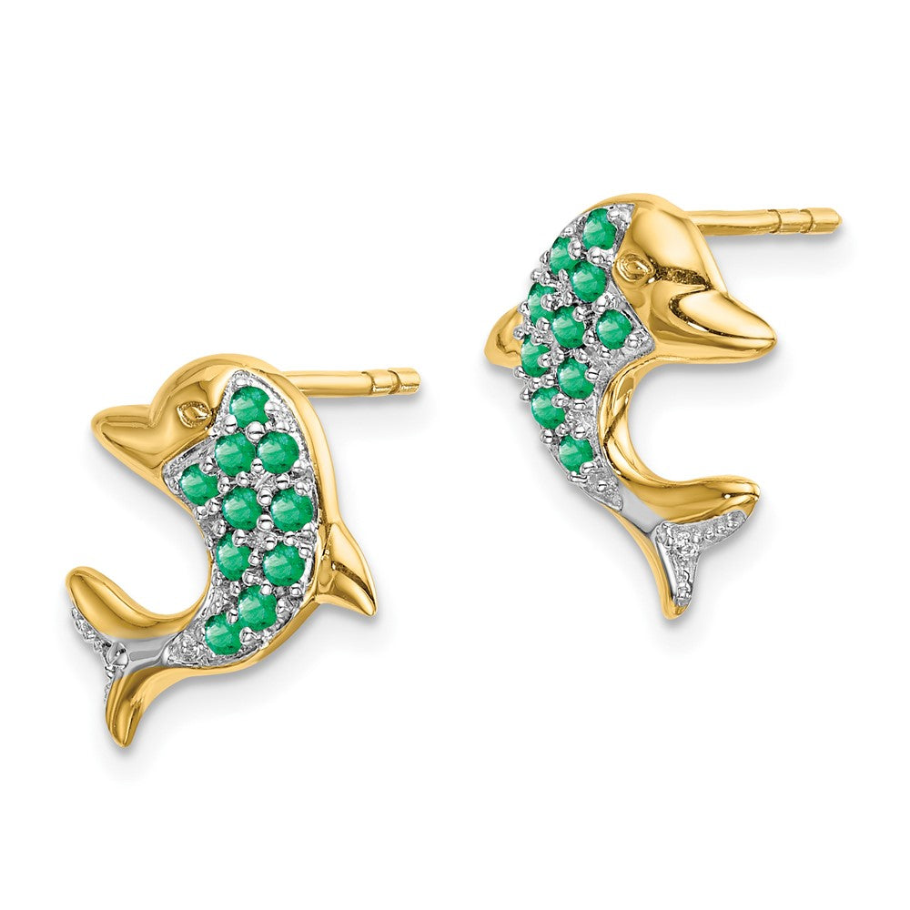 14k and Rhodium Emerald and Diamond Dolphin Post Earrings