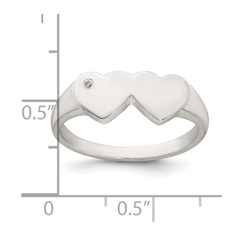 Sterling Silver Polished White CZ Double Heart Size 8 Signet Ring