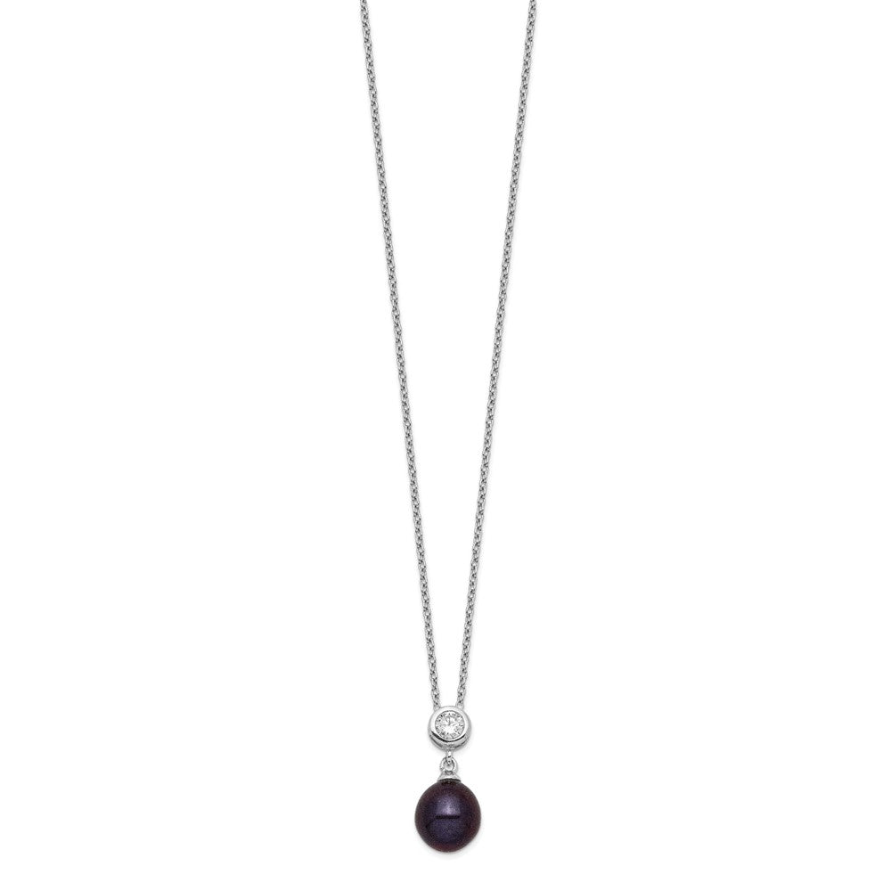 Sterling Silver Rhodium-plated 8-9mm Black Rice Freshwater Cultured Pearl and CZ 17 inch Necklace 17 Inches