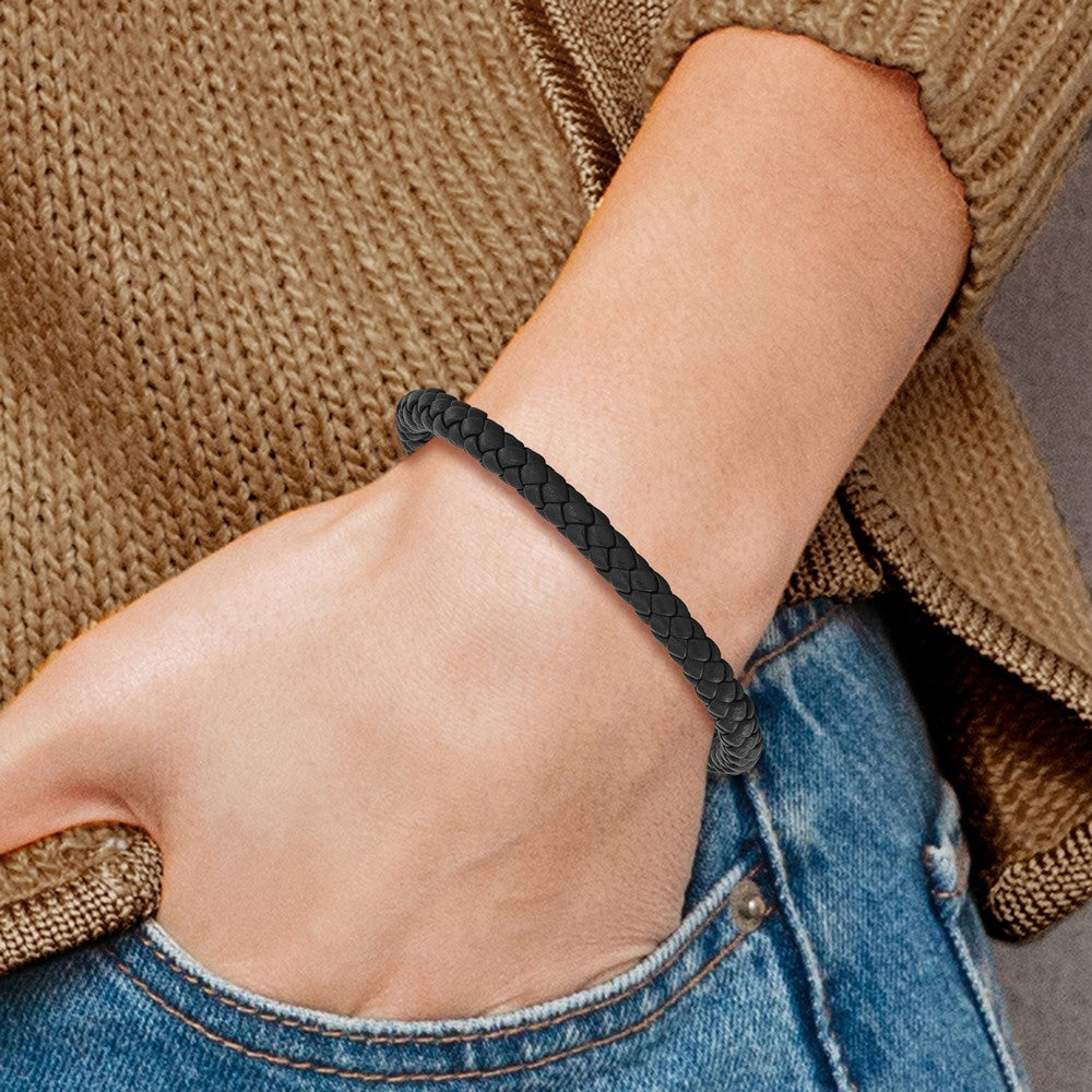 Stainless Steel Polished Black Leather 8.5in Bracelet 8.5 inches