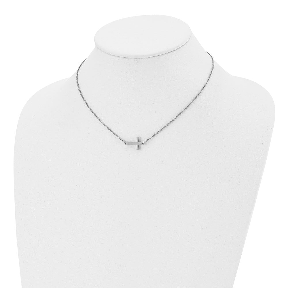 Stainless Steel Polished Sideways Cross 16in Necklace