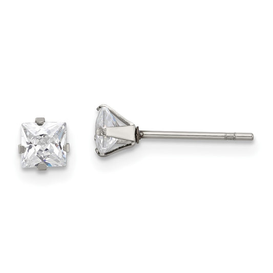 Stainless Steel Polished 4mm Square CZ Stud Post Earrings