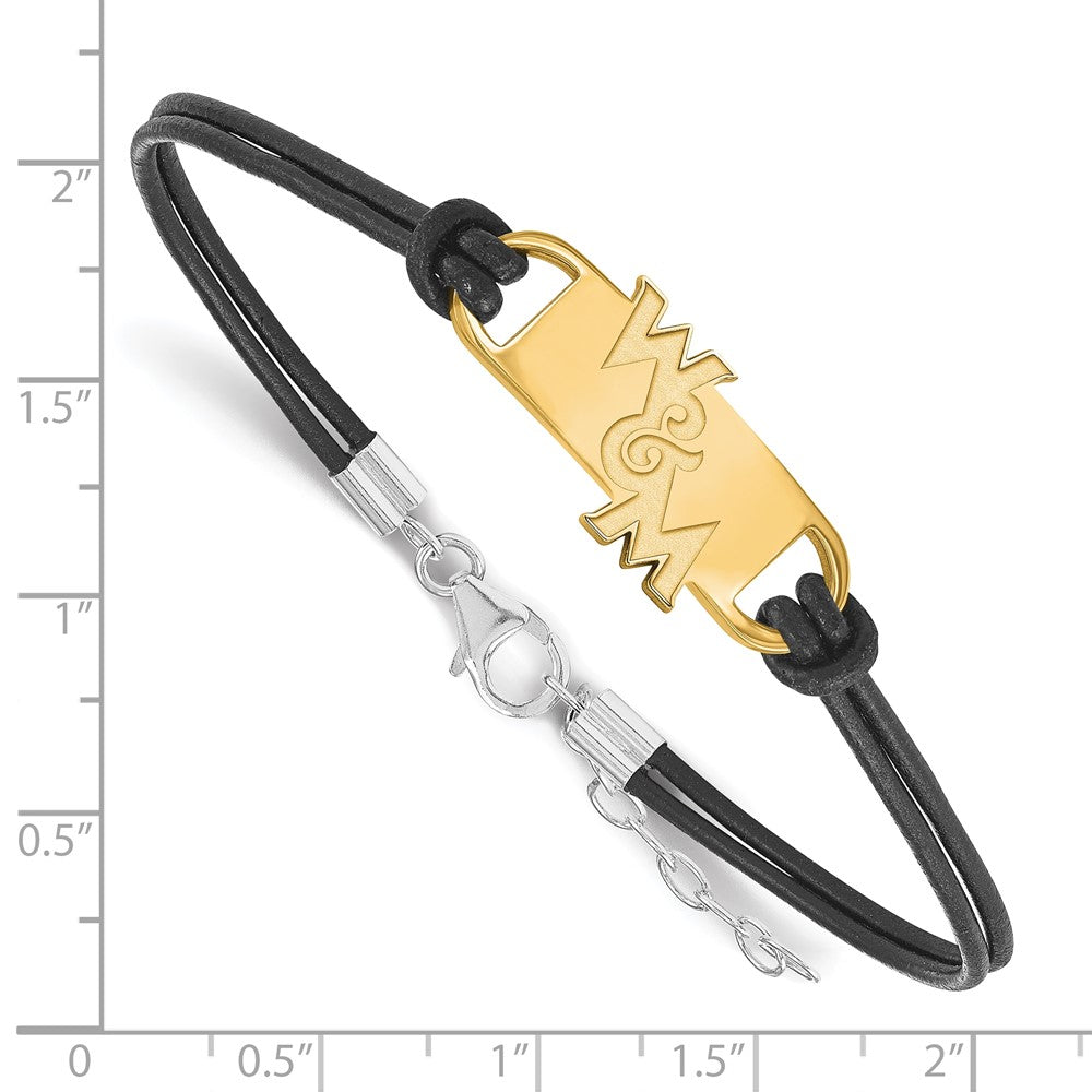 Sterling Silver Gold-plated LogoArt College of William and Mary Black Leather 7 inch Bracelet with Extender