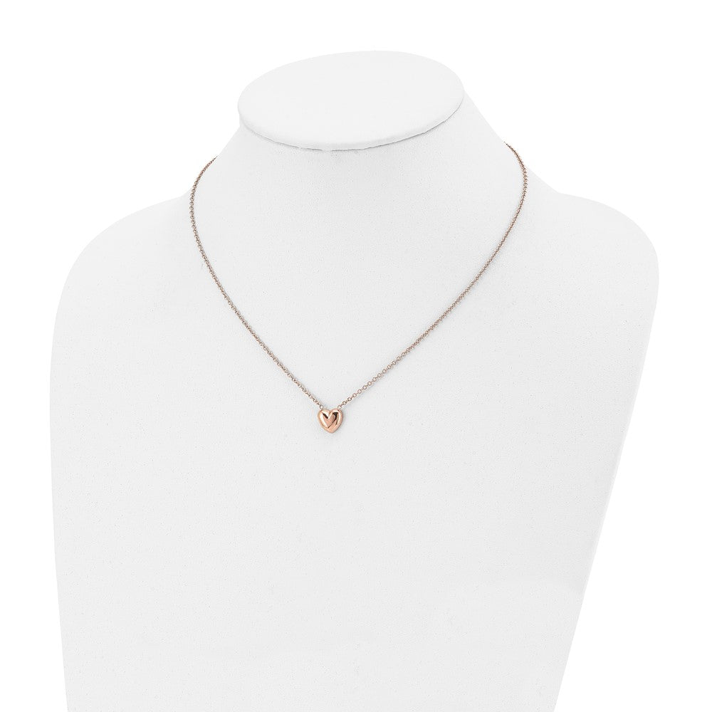 Stainless Steel Polished Rose IP-plated Heart 17.5in Necklace